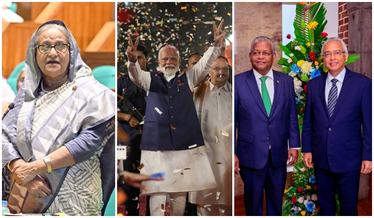 From Left: Sheikh Hasina of Bangladesh, PM Modi, Wavel Ramkalawan of Seychelles and Pravind Jugnauth of Mauritius (Official X handles, PTI)